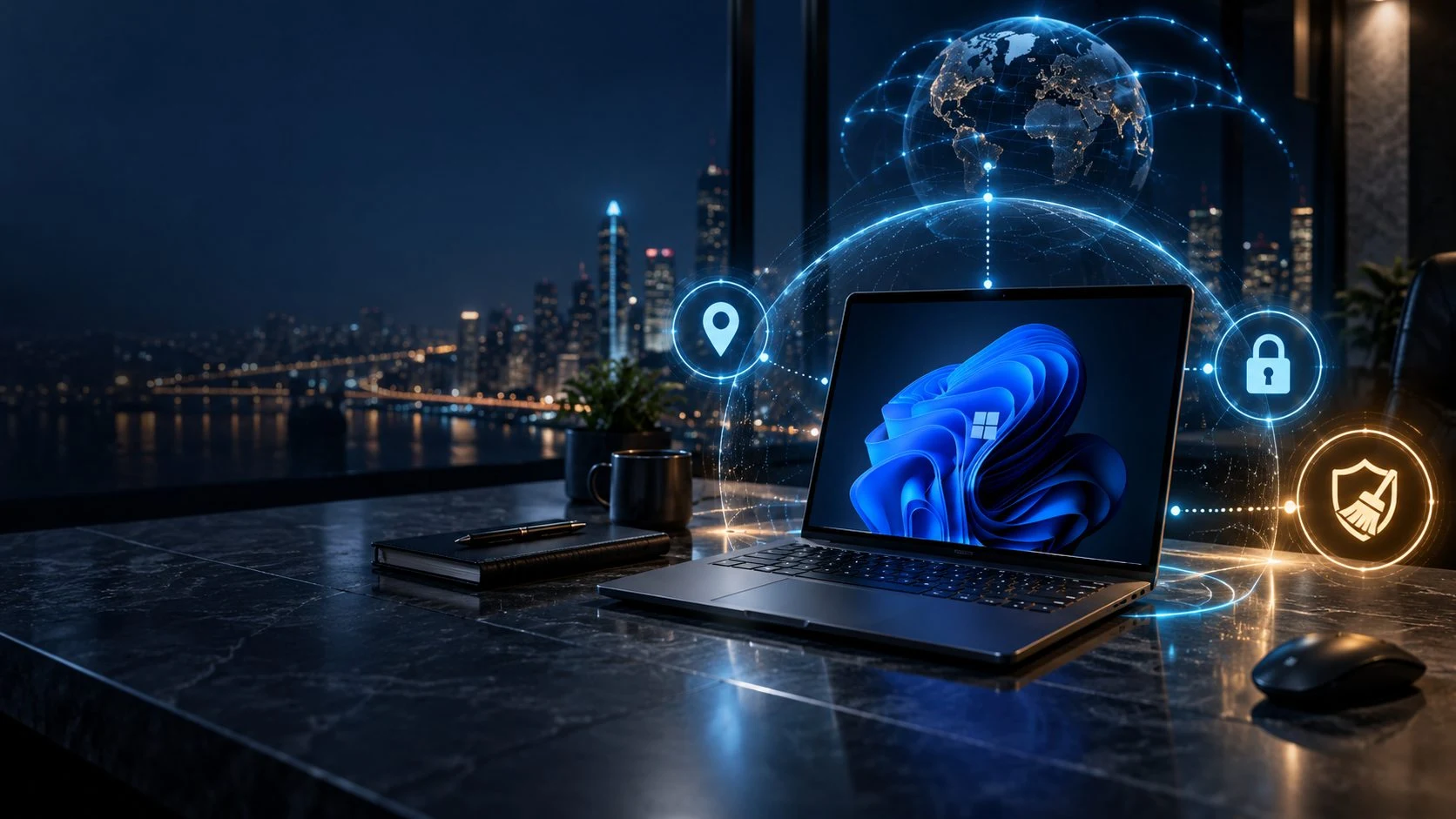 Illustration of a prepared Windows laptop with location and information-protection concepts