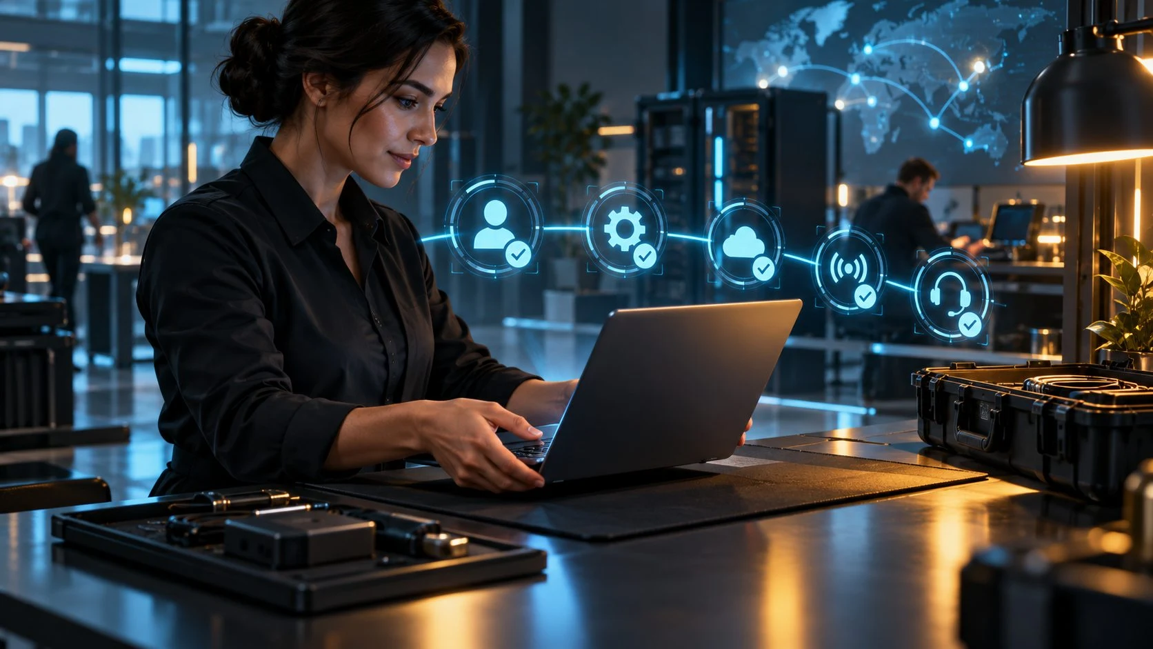Illustration of professional laptop preparation before a device goes missing