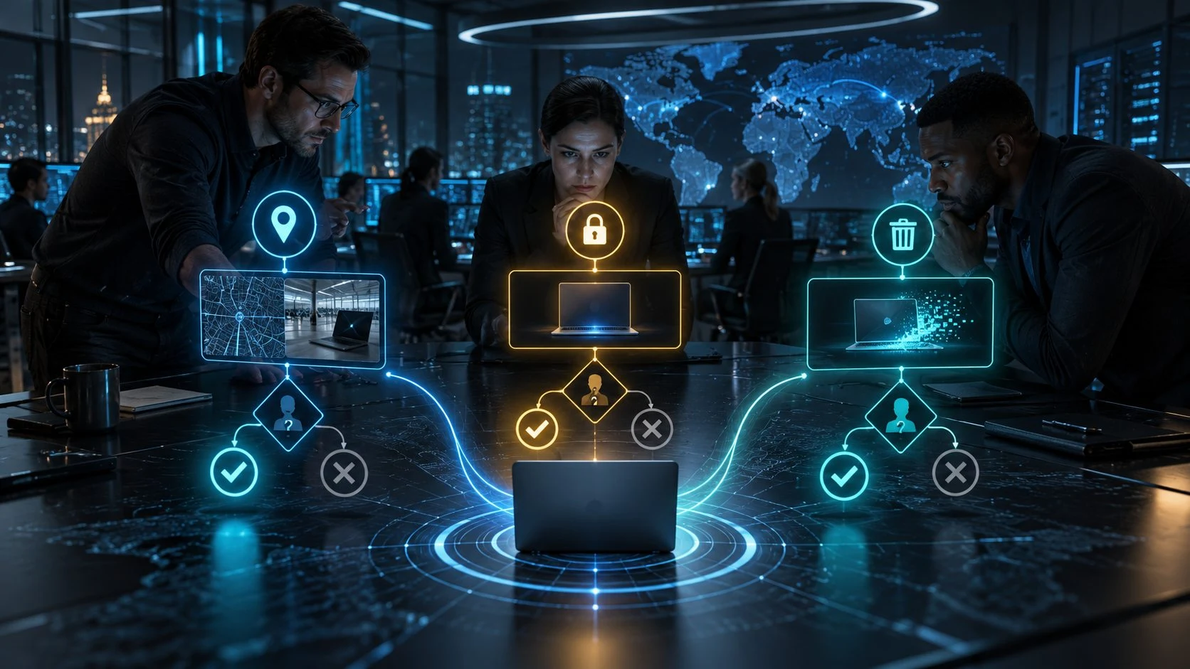 Illustration of a team considering location, access restriction and data protection separately